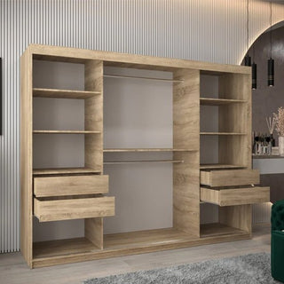 The Vevey I Wooden Wardrobe 3 Sliding Doors 250cm in Sonoma Oak stands on a light gray rug in a modern room with vertical wall panels and a decorative mirror.