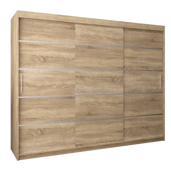 VEVEY I Wooden Wardrobe 3 sliding doors 250cm Sonoma Oak with horizontal metallic accents and wood grain.