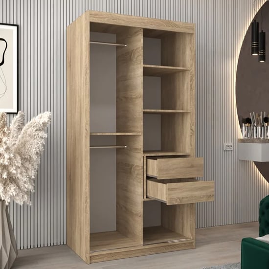 Sonoma Oak wardrobe with 2 sliding doors, showing shelves, hanging rails, and open drawers.