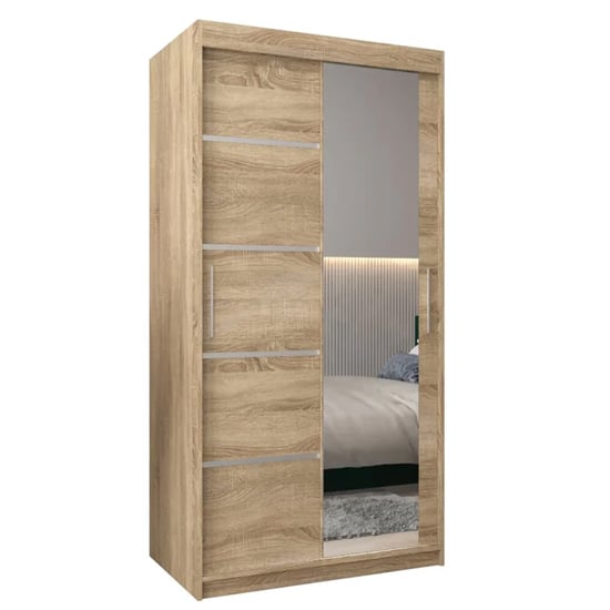 VEVEY II 100cm Sonoma Oak wardrobe with two sliding doors, one mirrored.