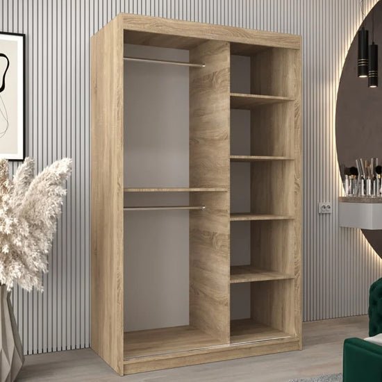 Sonoma Oak sliding wardrobe with 2 doors, 1 mirrored, 2 hanging rails and 5 shelves