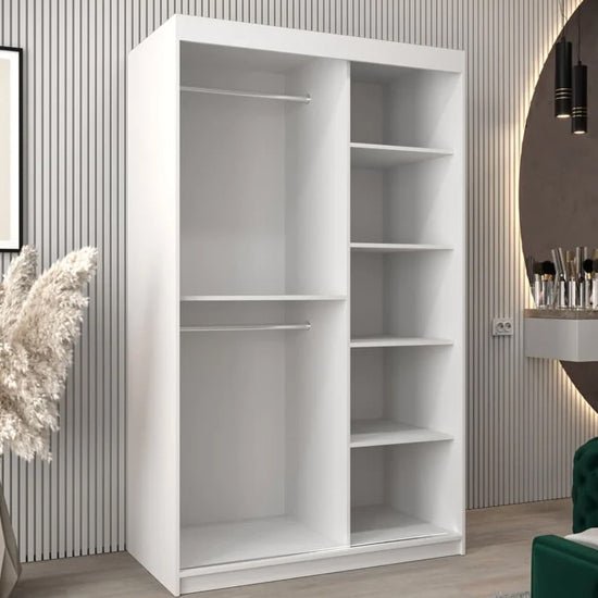 VEVEY II 120cm white sliding wardrobe with mirrored door panel and internal shelves