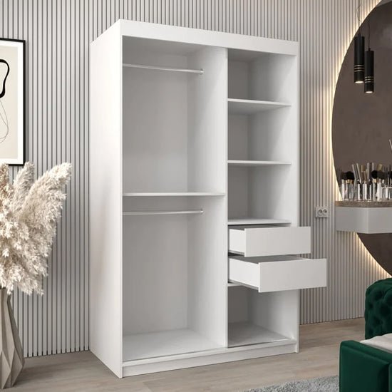 White Vevey II wardrobe with 2 sliding doors, 1 mirrored panel, internal shelves and drawers