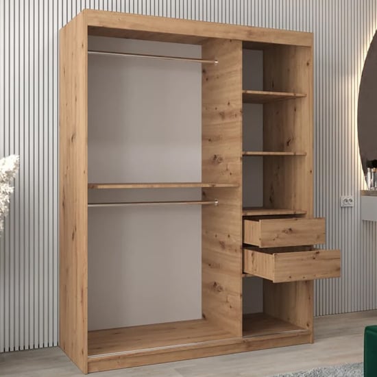Vevey II artisan oak sliding wardrobe with one mirrored door and open drawers