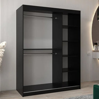 The Vevey II Mirrored Wardrobe with 2 sliding doors in black features dual hanging rods on the left and four open shelves on the right, perfectly complementing a modern room with light striped walls and wooden flooring.
