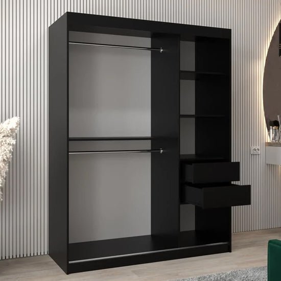 VEVEY II black sliding door wardrobe with two doors, one mirrored panel.