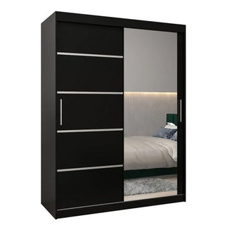 The Vevey II Mirrored Wardrobe 2 Sliding Doors 150cm in Black features a sleek design with a mirrored front, horizontal metallic handles on one side, and modern styling perfect for contemporary bedrooms.