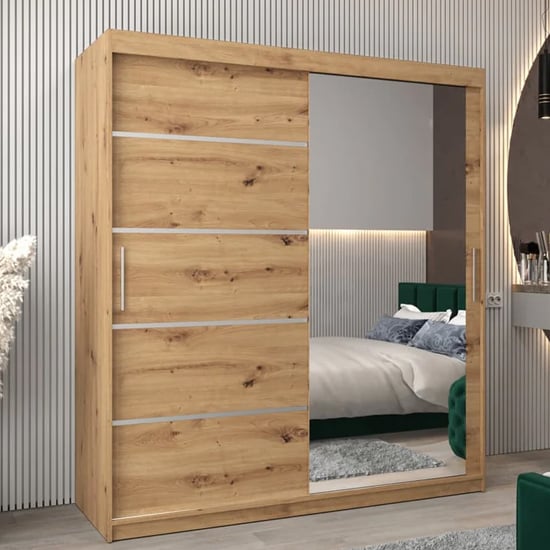 Artisan Oak 180cm sliding door wardrobe with one mirrored door and silver handles.
