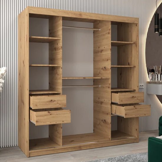 CHOICEWARDROBE Vevey II 180cm sliding wardrobe in Artisan Oak with one mirrored door and two visible drawers.