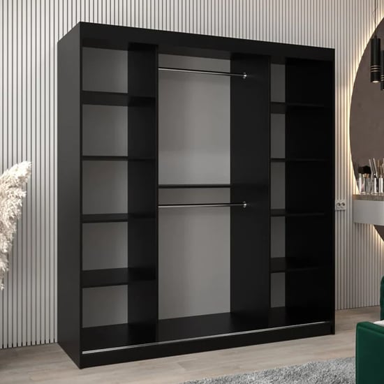 CHOICEWARDROBE Vevey II 180cm black sliding door wardrobe with mirrored panel and internal shelves/rails.