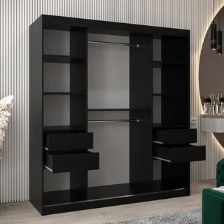 The Vevey II Mirrored Wardrobe, 180cm in black with two sliding doors, features dual hanging rods, four shelves and two drawers on each side. It's shown partially open against a modern striped wall in a minimalistic room.