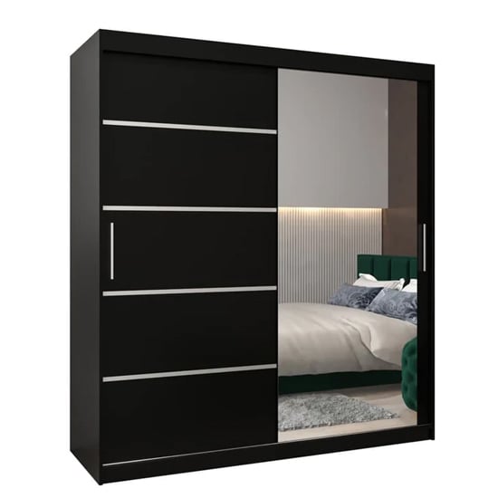 CHOICEWARDROBE Vevey II 180cm black sliding door wardrobe with 2 doors, one mirrored, and silver plastic handles.
