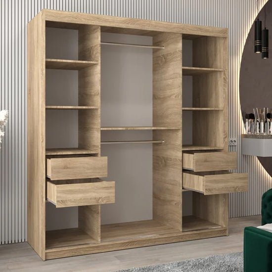 VEVEY II Mirrored Sliding Door Wardrobe 180cm Sonoma Oak with open shelves and drawers