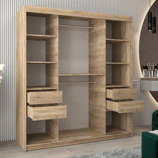 VEVEY II Mirrored Sliding Door Wardrobe 180cm Sonoma Oak with open shelves and drawers
