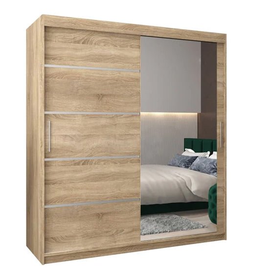 VEVEY II 180cm Sonoma Oak wardrobe with 2 sliding doors, one mirrored panel reflecting a bedroom.