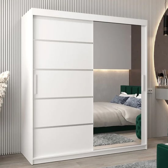 White 2 sliding door wardrobe with one mirrored door, VEVEY II model