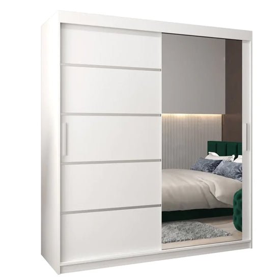 Vevey II 180cm white sliding door wardrobe with one mirrored panel.