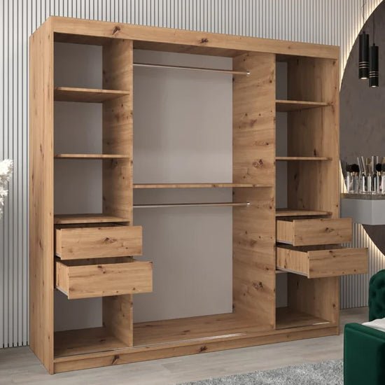 CHOICEWARDROBE Vevey II Artisan Oak 200cm mirrored sliding door wardrobe with internal shelves and drawers.