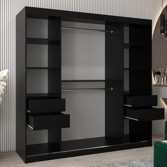 CHOICEWARDROBE 200cm black sliding door wardrobe with one mirrored door and visible internal shelves, drawers, and hanging rails.