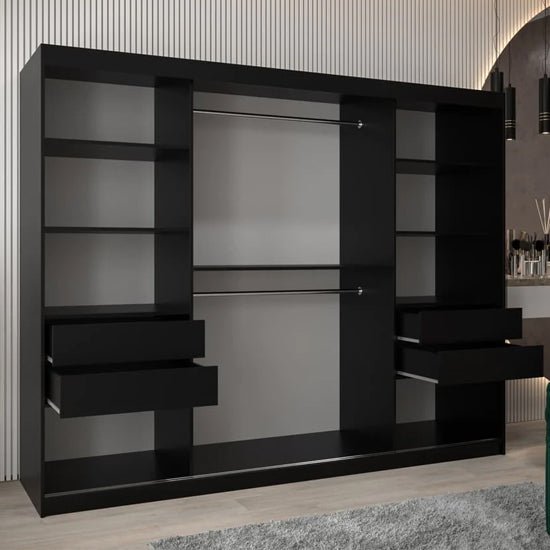 VEVEY II black 250cm sliding door wardrobe with one mirrored door and open drawers