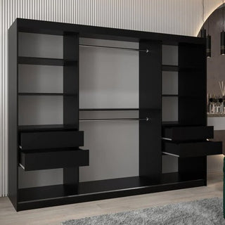 The Vevey II Mirrored Wardrobe with 3 sliding doors in black stands on a light wood floor beside a gray rug in a modern room, featuring shelves on both sides, two central hanging rods, and four partially open drawers.