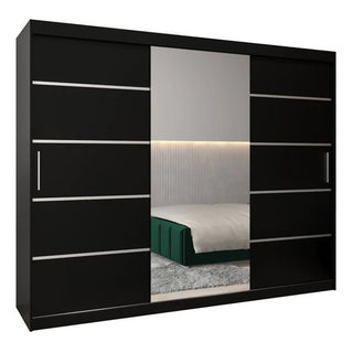 The Vevey II Mirrored Wardrobe 3 Sliding Doors 250cm in Black features a spacious design with three sliding doors, including a central mirror and sleek silver accents, perfect for adding modern elegance to any bright, stylish bedroom.
