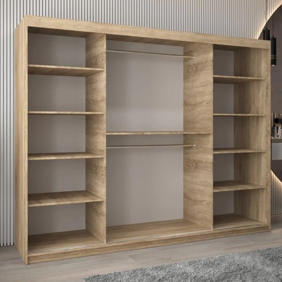 Vevey II Mirrored Wardrobe, 3 sliding doors, 250cm wide, Sonoma Oak finish with open shelves and hanging rails