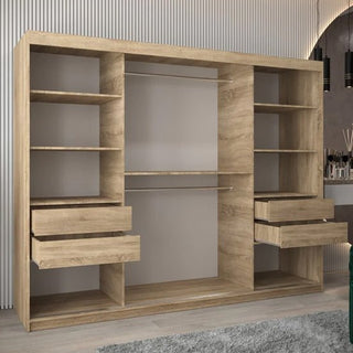 The Vevey II Mirrored Wardrobe with 3 sliding doors, measuring 250cm in Sonoma Oak, features open shelves, drawers, and two central hanging bars. It adds a light wood touch to a modern room with a gray carpet.