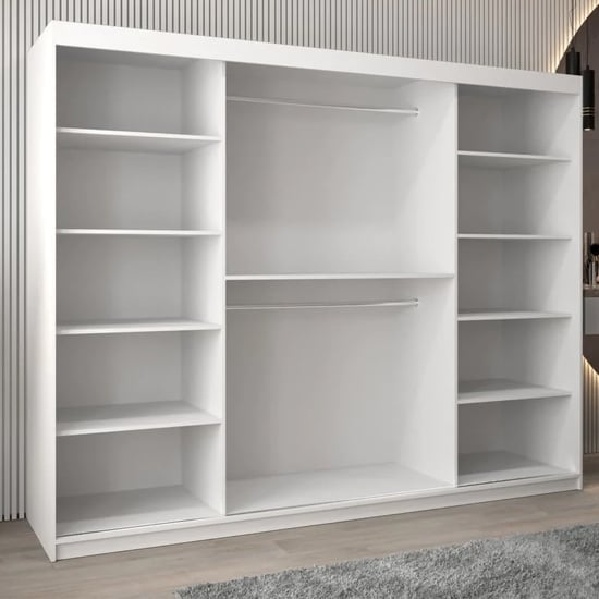 White 250cm sliding door wardrobe with mirrored panel, showing internal shelves and hanging rails.