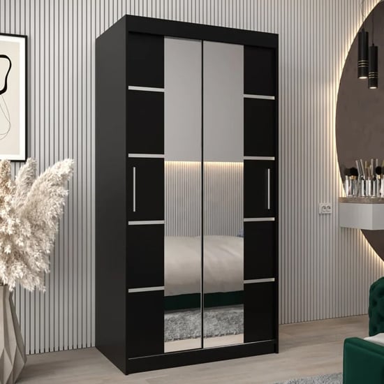 VEVEY III black 100cm mirrored sliding door wardrobe with silver handles