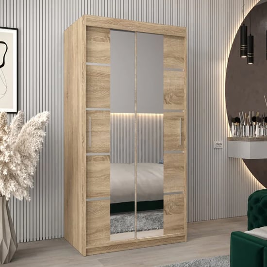 CHOICEWARDROBE Vevey III 2-door sliding wardrobe in Sonoma Oak with mirrored doors.