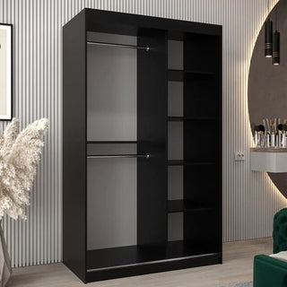 The Vevey III Mirrored Wardrobe with 2 sliding doors (120cm, black) features two hanging rods and four shelves, making it a stylish and functional addition to any modern room. Perfect for contemporary decor with its sleek design and ample storage.