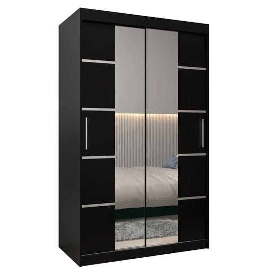 Black 120cm wardrobe with 2 sliding mirrored doors, reflecting a bedroom interior.