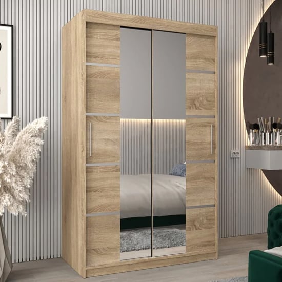 VEVEY III mirrored wardrobe with 2 sliding doors in Sonoma Oak finish, 120cm width.