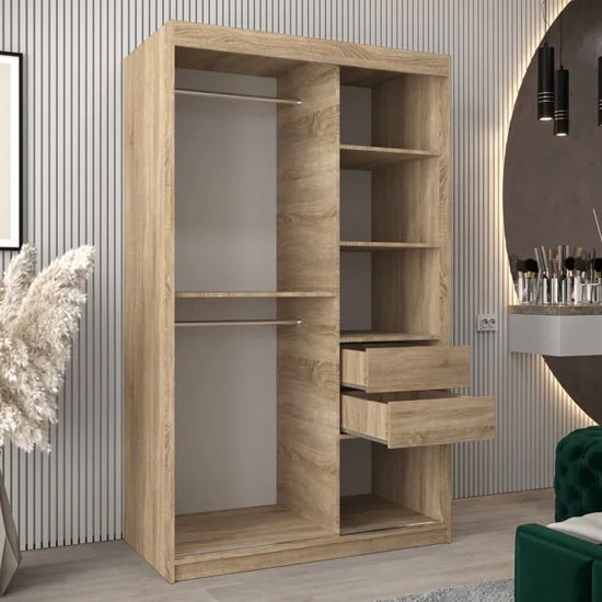 VEVEY III 120cm Sonoma Oak sliding wardrobe with 2 mirrored doors, internal shelves and open drawers.