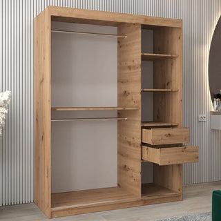 The Vevey III Mirrored Wardrobe with 2 sliding doors (150cm) in Artisan Oak features two left hanging rods, four right open shelves, and two partially open drawers beneath the shelves, set against a modern, light-colored wall.