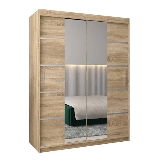 VEVEY III Mirrored Wardrobe, 2 sliding doors in Sonoma Oak finish with central mirrored doors.