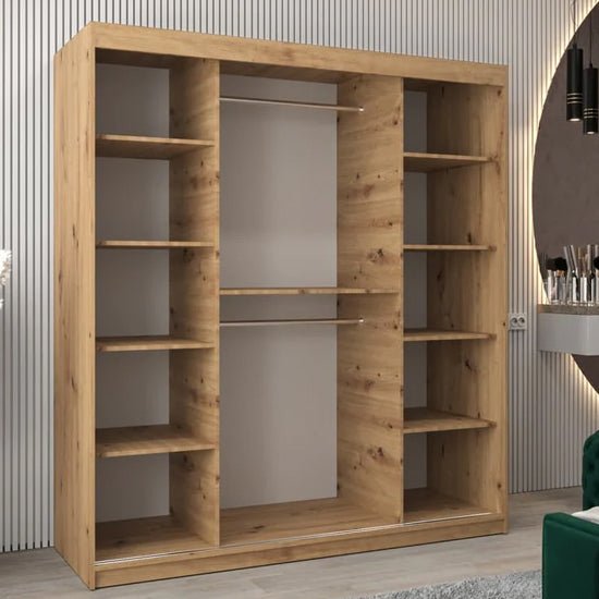 180cm Artisan Oak sliding door wardrobe with mirrored doors and open shelving.