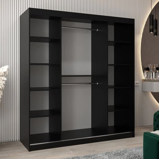 CHOICEWARDROBE 180cm black mirrored sliding wardrobe with 2 doors and internal shelves/rails.