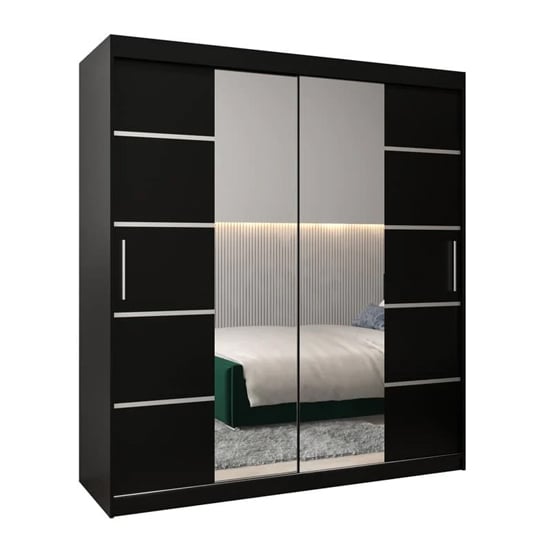 180cm black mirrored sliding wardrobe with 2 doors and silver handles