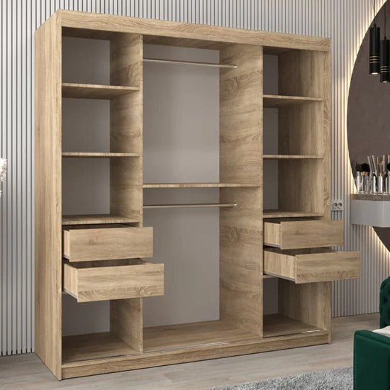 VEVEY III mirrored wardrobe with 2 sliding doors in Sonoma Oak, shown open with shelves, drawers and hanging rails.