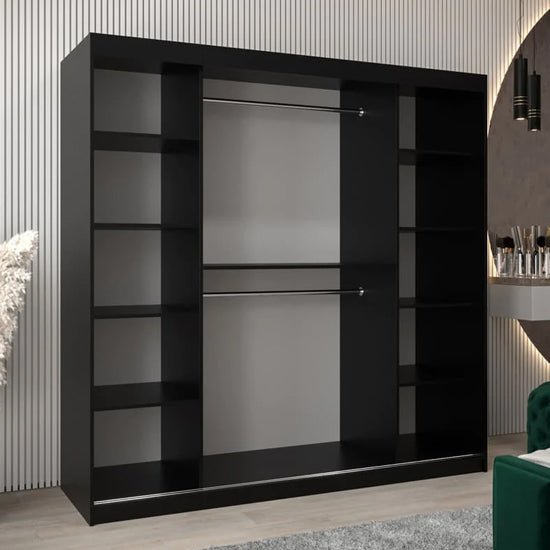 VEVEY III black 2-door sliding wardrobe with mirrored doors, showing internal shelves and hanging rails.