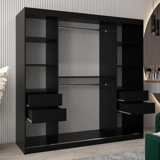 The Vevey III Mirrored Wardrobe with 2 sliding doors in black (200cm) features two hanging rods, multiple side shelves, and four open drawers, standing against a vertically lined wall in a modern room.