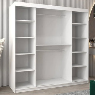 A spacious Vevey III Mirrored Wardrobe 2 Sliding Doors 200cm in white, featuring two central hanging rods and multiple open shelves on each side, stands against a modern striped wall.