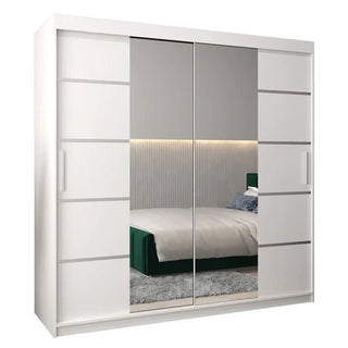 The Vevey III Mirrored Wardrobe 2 Sliding Doors 200cm in White features sliding mirrored doors and multiple side compartments for convenient bedroom storage.