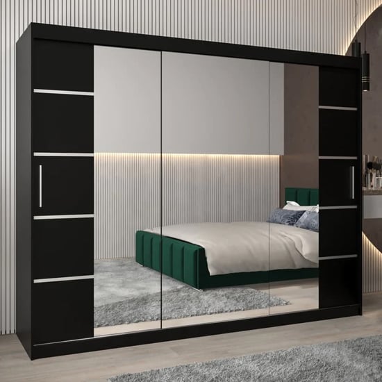 VEVEY III 3-door black mirrored sliding wardrobe