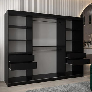 The Vevey III Mirrored Wardrobe with 3 sliding doors (250cm, black) features two hanging rods, multiple side shelves, and four pull-out drawers, shown against a vertically-lined wall in a modern room.