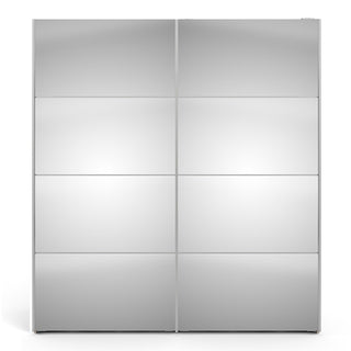 The Vrok Mirrored Sliding Doors Wardrobe With 5 Shelves in White features modern mirrored panels and ample storage, making it a stylish and practical addition to any bedroom.