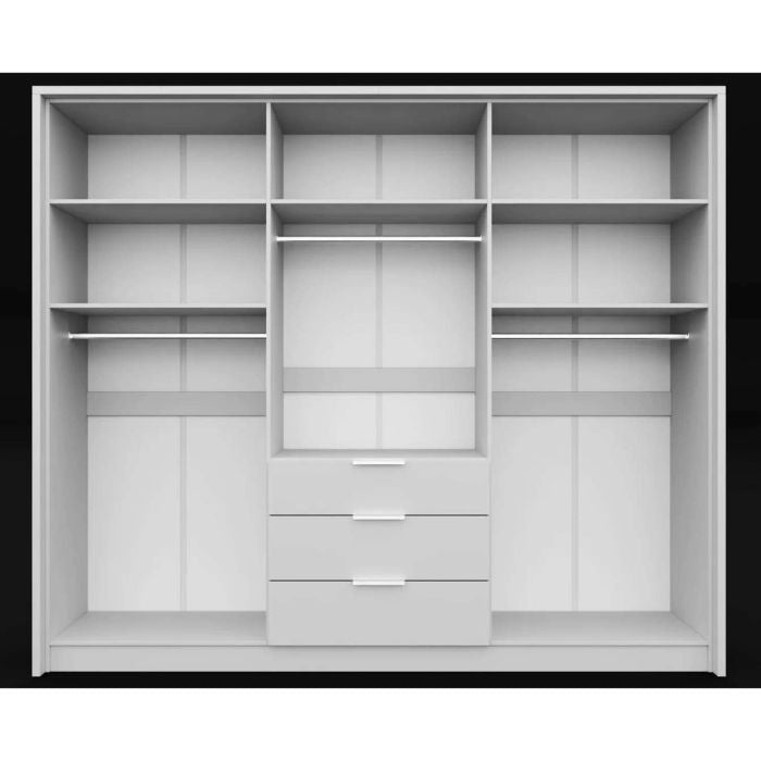 STAFFORD 6 door wardrobe in white with three central drawers and visible internal shelving.