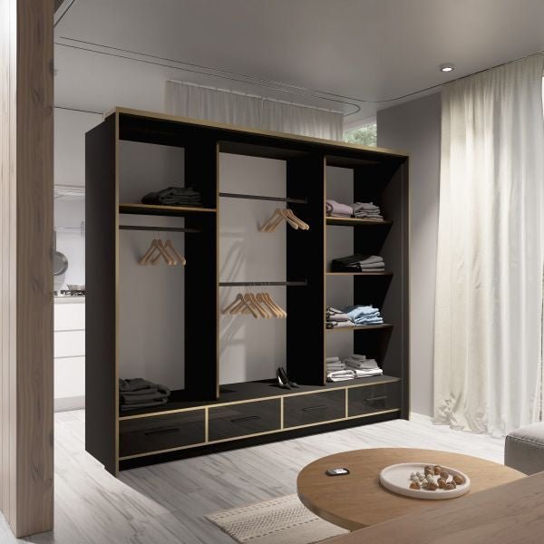 CHOICEWARDROBE Luxembourg 253cm black gloss 3 door sliding wardrobe with gold trim